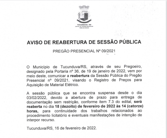  AVISO DE REABERTURA DE SESSÃO PÚBLICA  -  PREGÃO PRESENCIAL Nº 09_2021 - SRP - MATERIAL ELÉTRICO